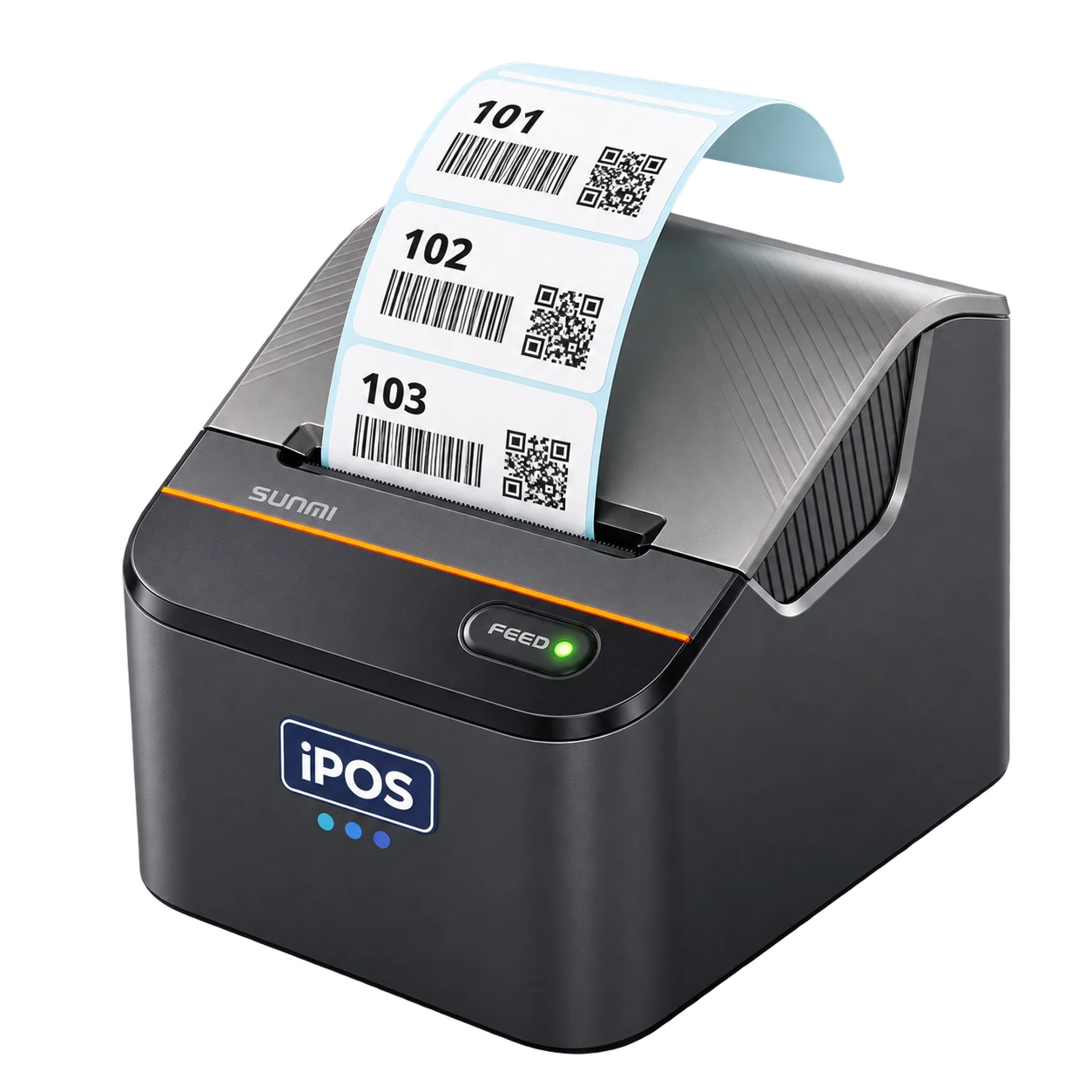 iPOS label printer printing a strip of labels numbered 101, 102 and 103, each with a barcode and QR code