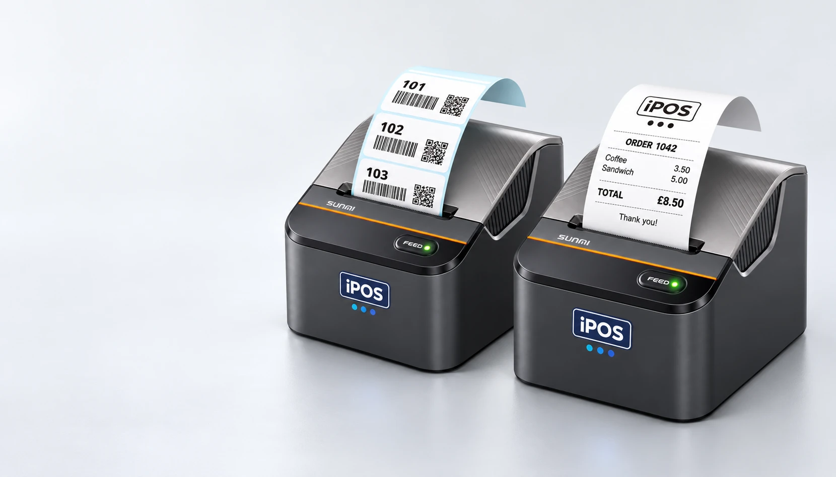 iPOS label printer and receipt printer side by side, one printing barcode labels and the other printing a receipt