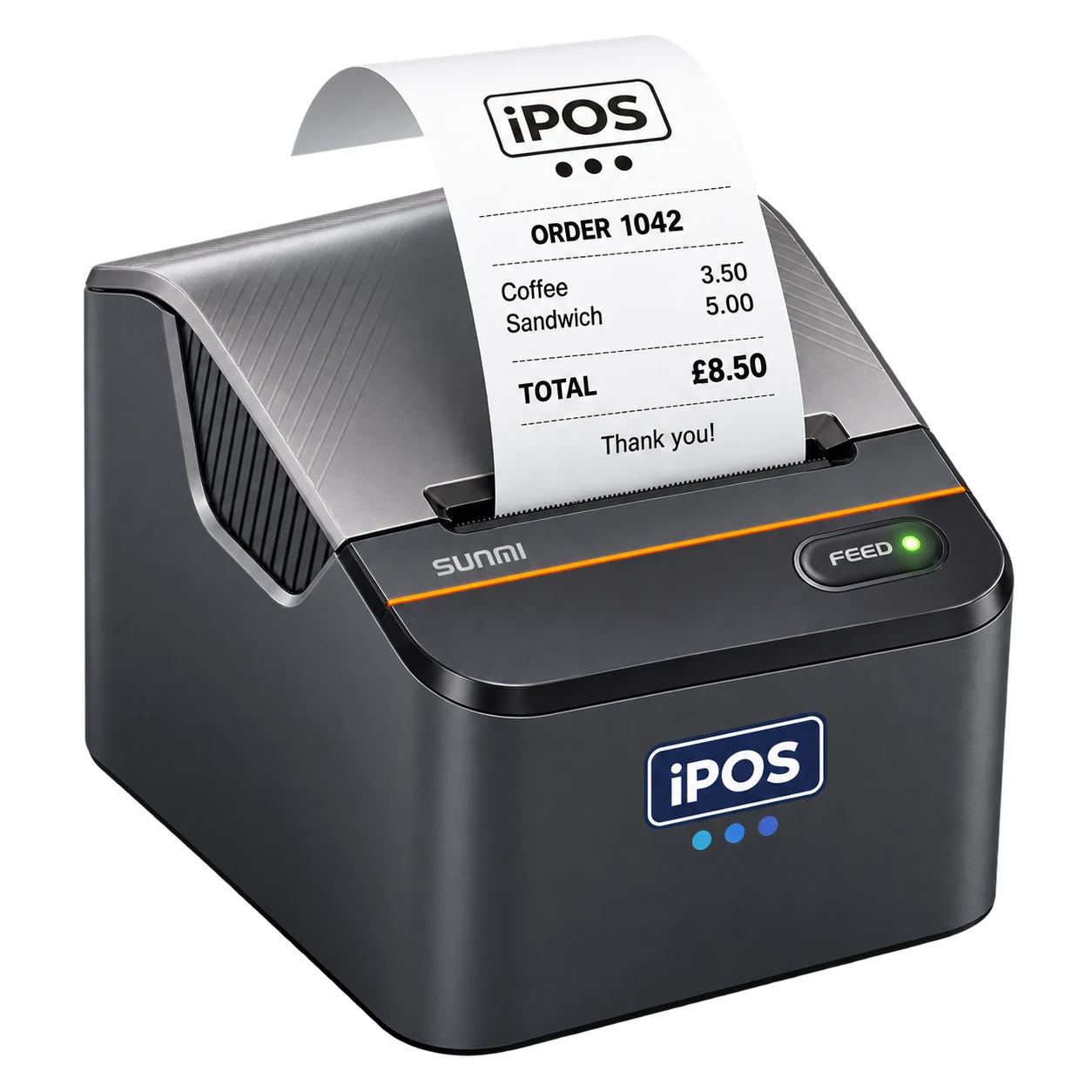 iPOS receipt printer printing an iPOS receipt for order 1042 with coffee, sandwich and a total of £8.50