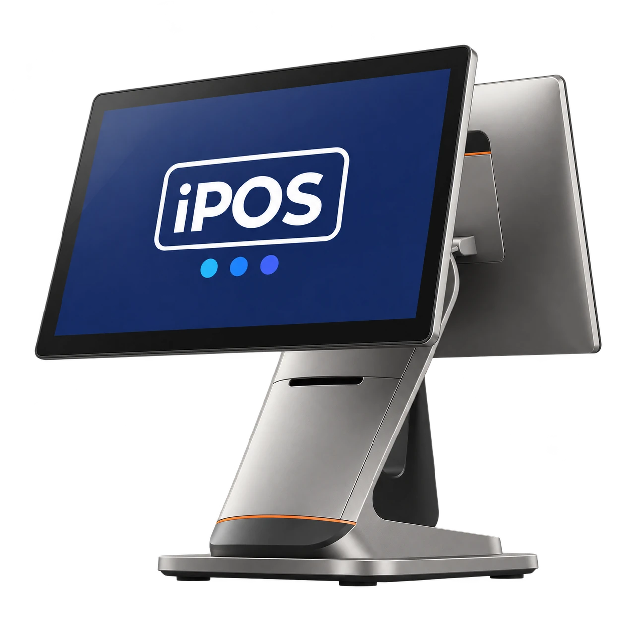 Front view of the iPOS touchscreen terminal with the iPOS logo on its wide display and a silver stand