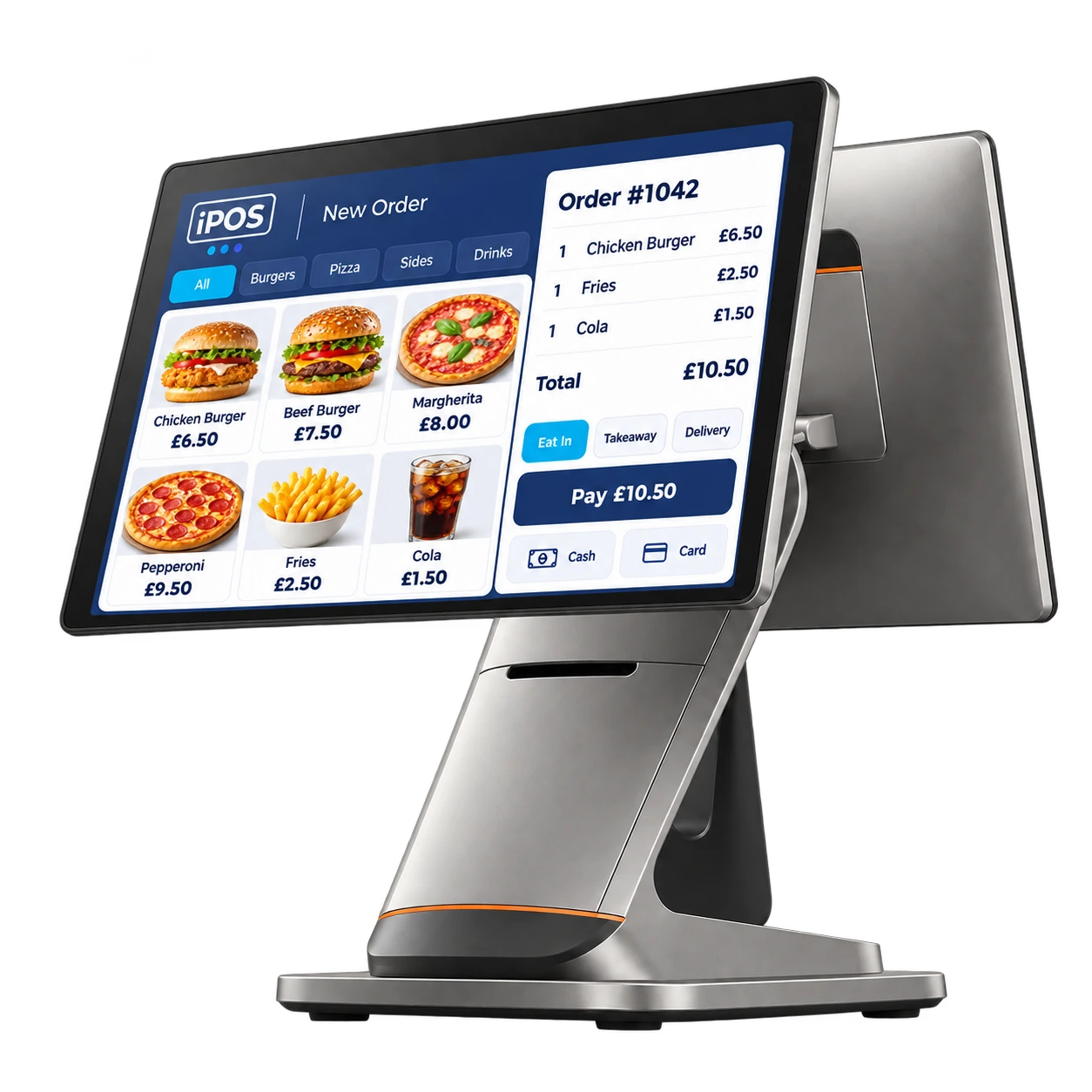 iPOS touchscreen EPOS terminal showing the New Order screen with menu categories, product tiles, an order summary, Eat In, Takeaway and Delivery options, and Cash or Card payment